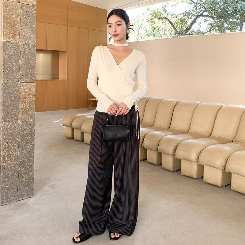 Drawstring design sense temperament Lyocell chest wrap slim streamer V-neck knitted sweater spring