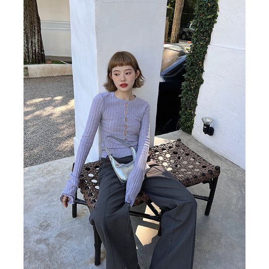 Dopamine Hollow Design Sense Wool Knitted Bottom Shirt Early Autumn Spice Girl Slim Sweater