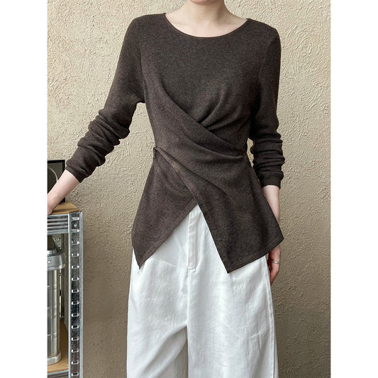 Korean wear early autumn top irregular hem cross waist bottoming knitted sweater women's sweater