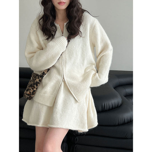 Korean soft waxy casual knitted sweater set for women's winter new curled A-word short skirt two-piece set