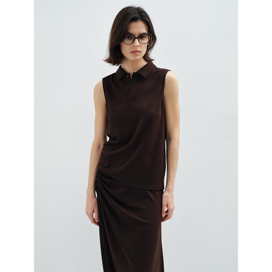 Spring simple soft waxy skin modal wool knitted polo collar top