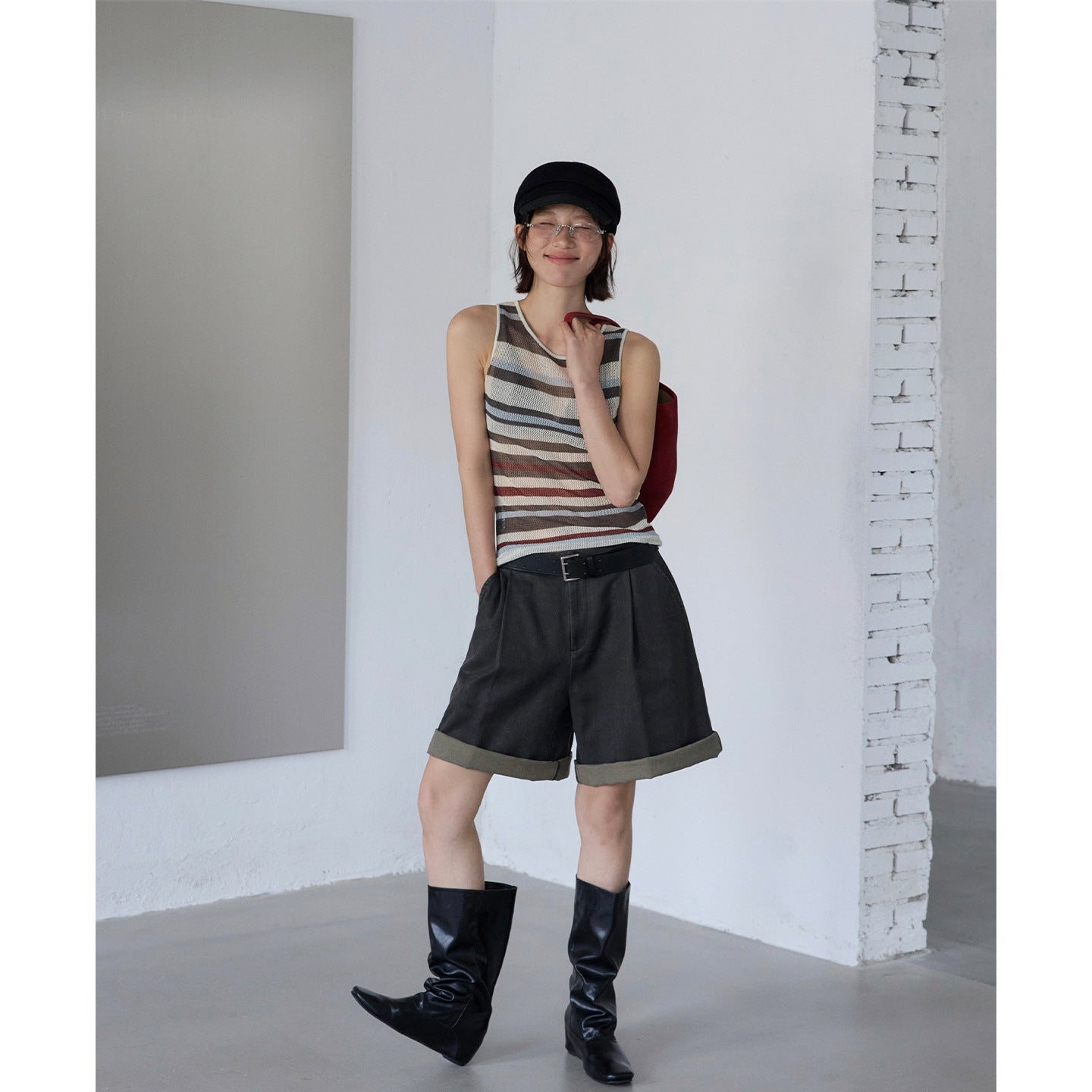 Tencel linen hollow striped knitted sweater vest retro contrasting niche top