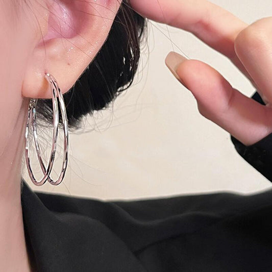925 Silver Needle Double Layer Plain Ring Earrings Women's Premium Sense Exaggerated Large Earrings Ear Buckles Geometric Circle Earrings