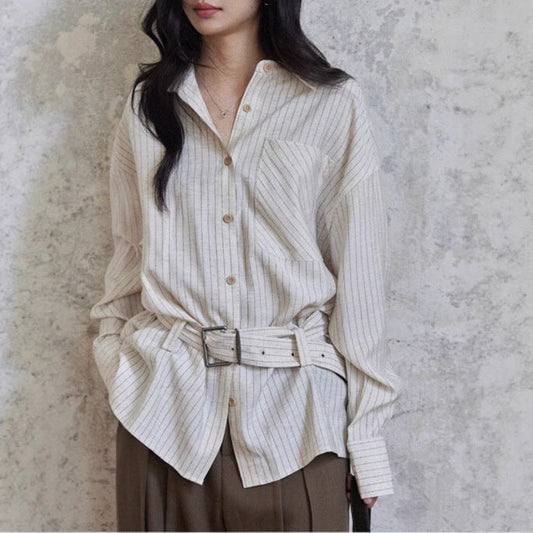 High-intelligence waist belt striped shirt women's design niche long-sleeved retro stacking design slim top