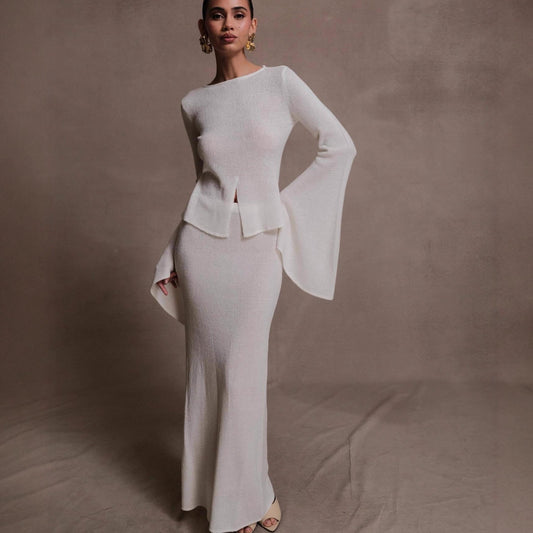 Wind women's clothing fashionable and sexy horn-sleeved top, hip-wrapped long skirt, two-piece skirt set