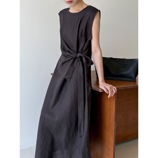 100% ramie french chic twist knot tie waist tank dress - new summer slimming dress