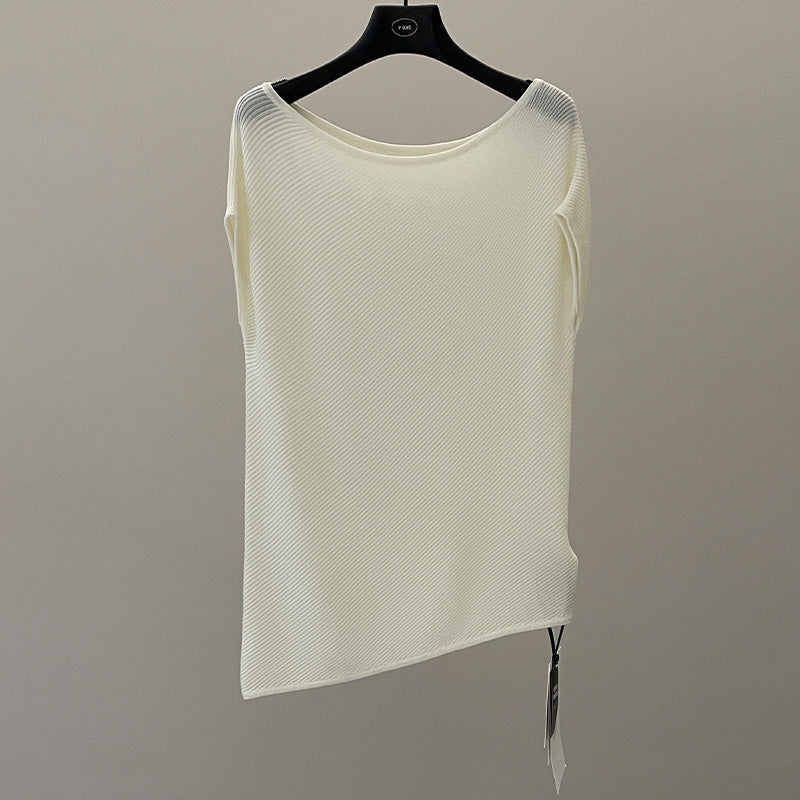 Textured slanted shoulder knitted sweater summer lazy style Lyocell ice silk short-sleeved top