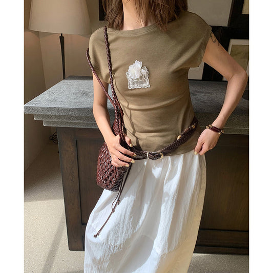 Lace three-dimensional embroidery slim Tencel short-sleeved T-shirt waist slimming top