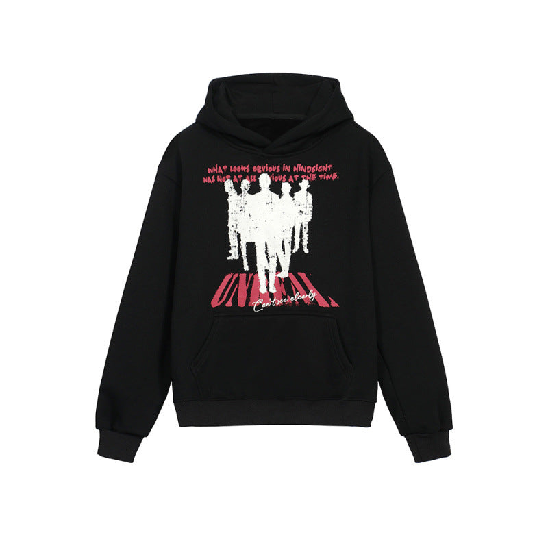 Autumn and winter new American hiphop sweater women's velvet portrait print casual hooded couple top