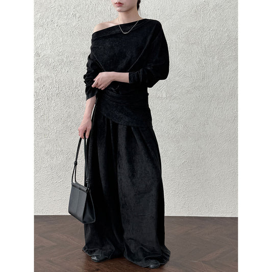 Irregular swing collar dew slanted shoulder top + wide-leg pants two-piece set autumn suede spice girl foreign style set