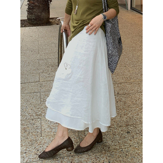 Age-reducing applique ramie double-layer high-waisted A-character medium and long skirt