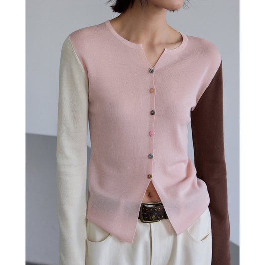 Dopamine Tencel Contrasting Cardigan Knitted Sweater ins Retro Long Sleeve Top