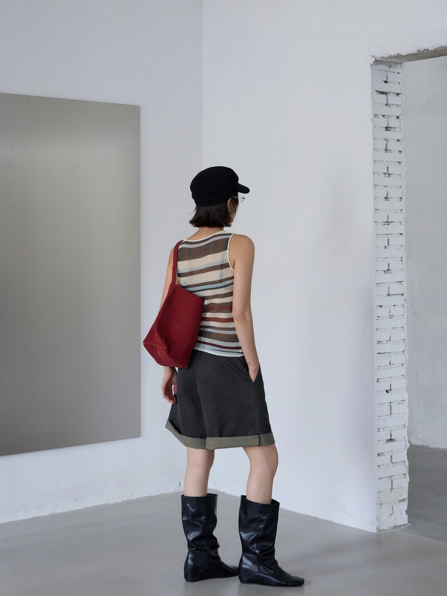 Tencel linen hollow striped knitted sweater vest retro contrasting niche top