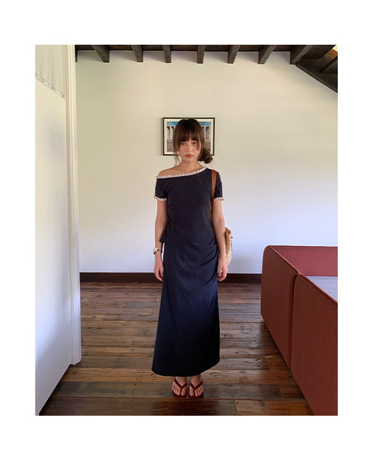 Pleated Skirt Slash Shoulder T-Shirt Two-piece Set