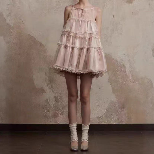 夏季新款少女芭蕾舞曲法式吊带连衣裙蕾丝蛋糕A字蓬蓬娃娃裙