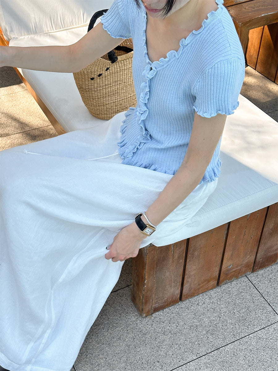 French V-neck pit strip fungus edge short-sleeved pit strip knitted sweater new top