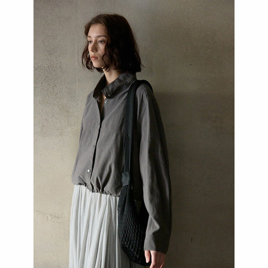 Flax skinny stand-up collar jacket top women's spring new simple versatile commuter jacket