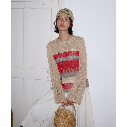 Contrasting color hollow sunscreen knitted sweater literary loose stacking top