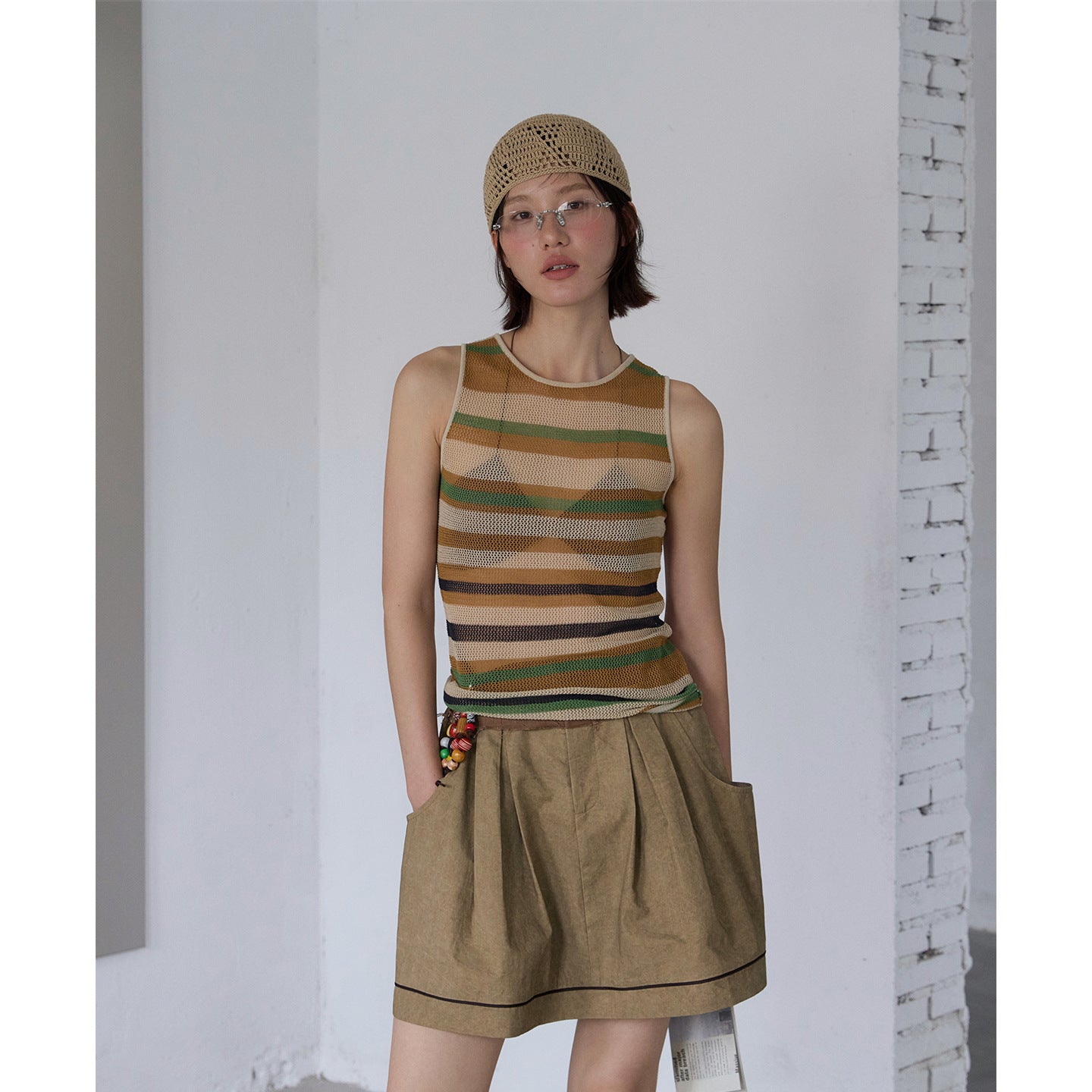 Tencel linen hollow striped knitted sweater vest retro contrasting niche top