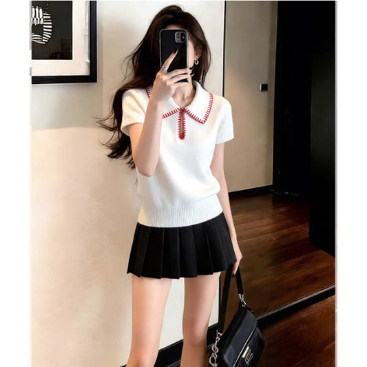 White polo shirt lapel neck knitted sweater short sleeve T-shirt
