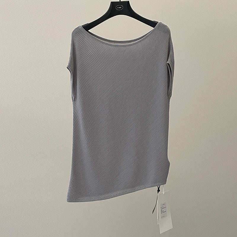 Textured slanted shoulder knitted sweater summer lazy style Lyocell ice silk short-sleeved top