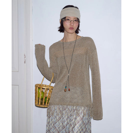 Fringed long-sleeved knitted sweater loose lazy top