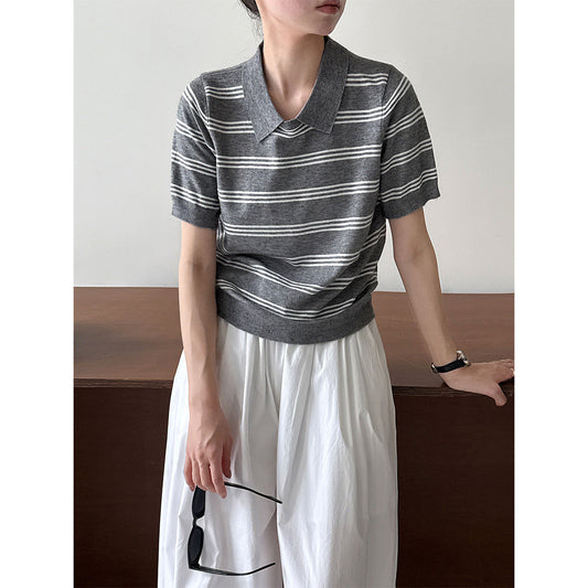Korean striped lapel neck knitted sweater top women's autumn new contrasting color casual commuter short sleeve Tss746
