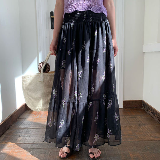 Age-reducing elastic waist covering hip pendulum floral a-shaped skirt