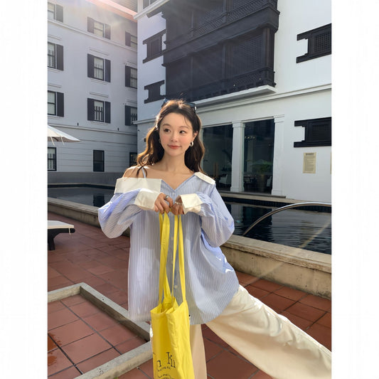 Age-reducing temperament design off-the-shoulder striped shirt