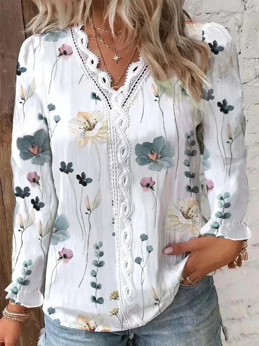 Women's Plus Size Floral T-Shirt - V-Neck Hollow Out Long Sleeve Top