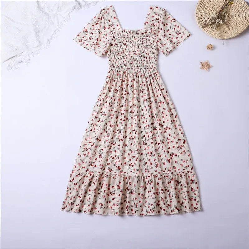 Women's Square Neck Butterfly Sleeve Floral Chiffon Dress