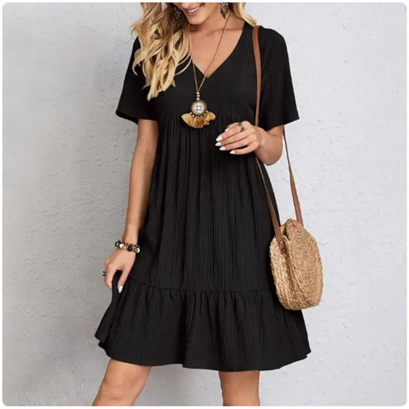 Women's V-Neck Short Sleeve Ruffle Peplum Dress
