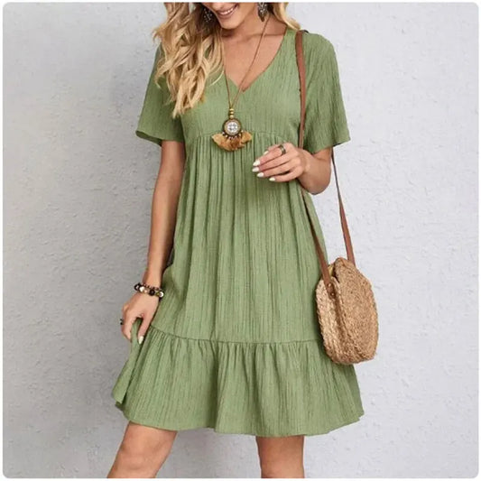 Women's V-Neck Short Sleeve Ruffle Peplum Dress