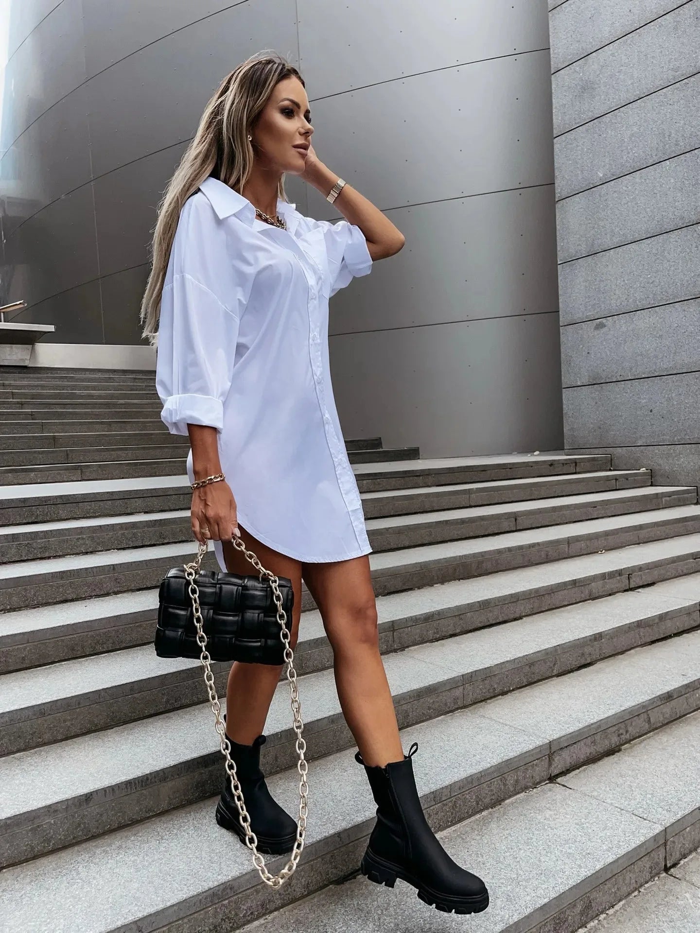 Women's Turn-Down Collar Long Sleeve Loose Shirt Dress