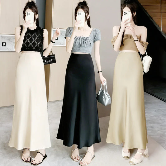 Acetic Satin Fishtail Skirt Woman Korean Fashion Elastic High Waist Skirts for Women Spring/Summer 2024 New Chic Lady Skirts