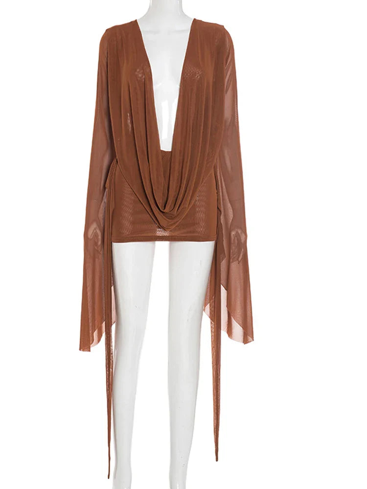 Flare Sleeve V-Neck Sheer Mesh Mini Dress | Women's Ruched Beach Cover-Up