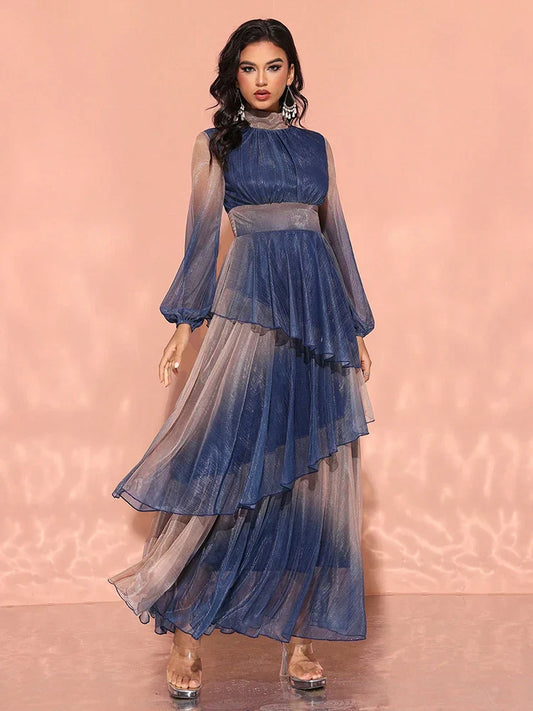 TOLEEN Women's Luxury Elegant Party Evening Dress With Stand Collar, Lantern Sleeves, And Ruffle Hem In Gradient Fabric