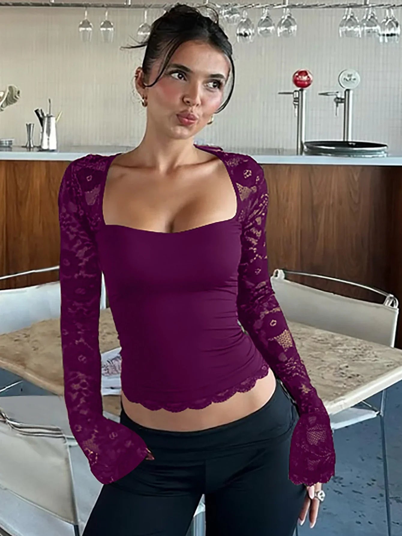 Square Collar Lace Patchwork Crop Top | Sheer Long Sleeve Party T-Shirt