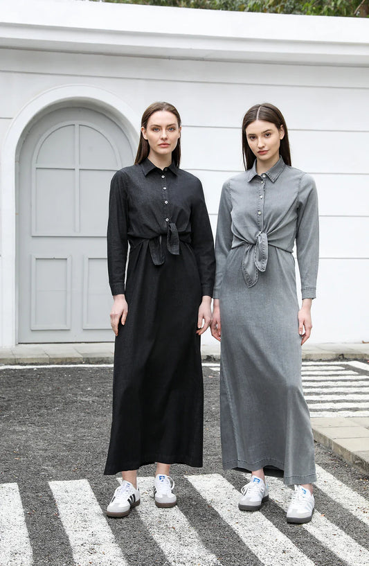 Women Lightweight Denim Wrap Blouse & Slip Dress Set