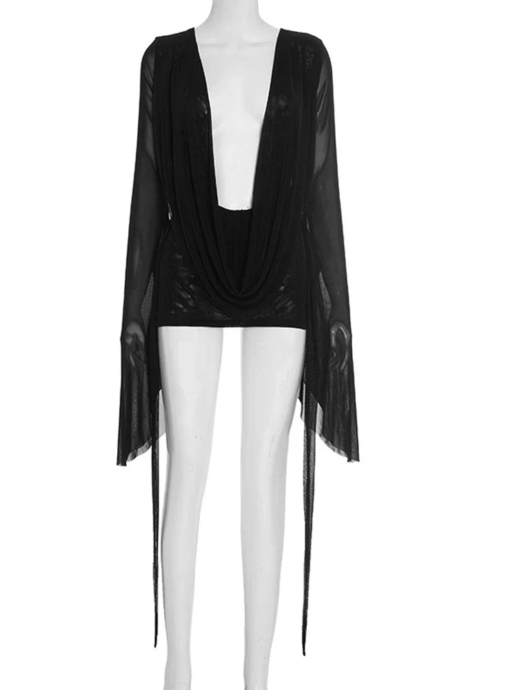 Flare Sleeve V-Neck Sheer Mesh Mini Dress | Women's Ruched Beach Cover-Up