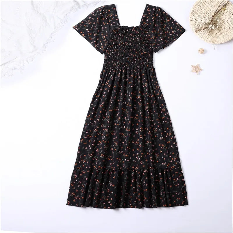 Women's Square Neck Butterfly Sleeve Floral Chiffon Dress