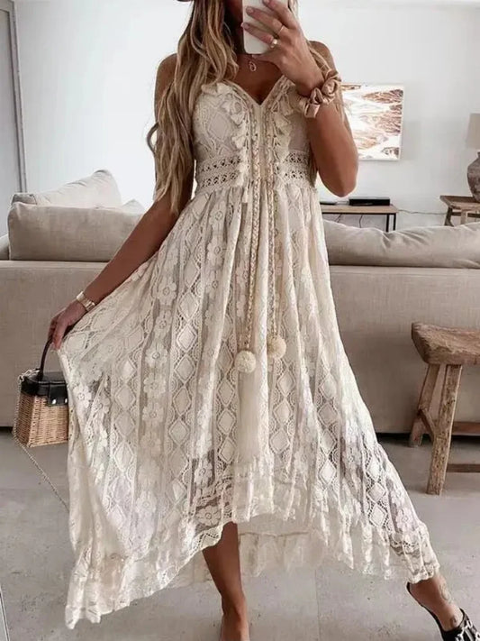 Women's V-Neck Lace Hollow-Out Loose Maxi Dress