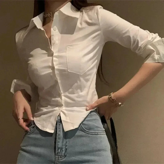 Long Sleeve Crop Chiffon Blouse | Women's Korean Office Button Lapel Top