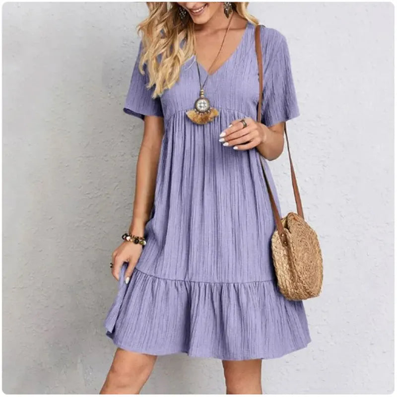 Women's V-Neck Short Sleeve Ruffle Peplum Dress