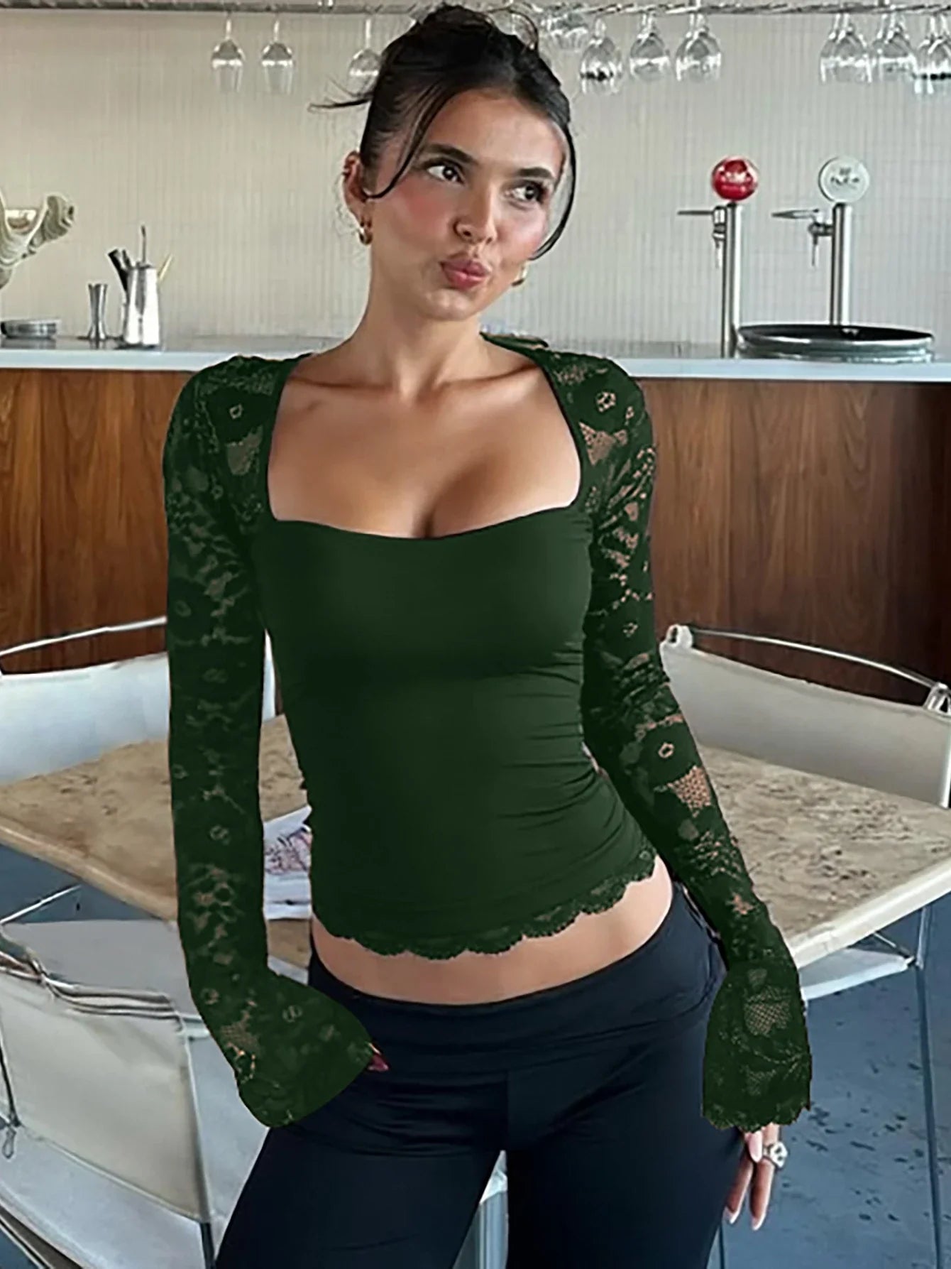 Square Collar Lace Patchwork Crop Top | Sheer Long Sleeve Party T-Shirt