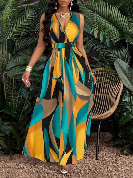 Women's Tropical Print V-Neck Off-Shoulder Maxi Dress