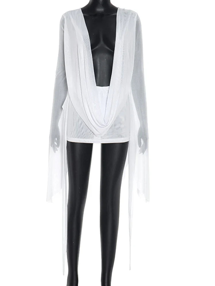 Flare Sleeve V-Neck Sheer Mesh Mini Dress | Women's Ruched Beach Cover-Up