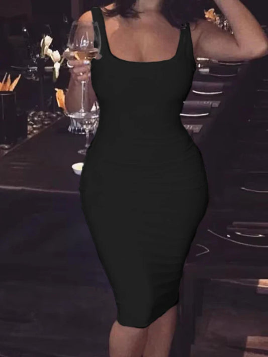 Sexy Tank Top Dress Women Sleeveless Square Collar Solid Color Knee-Length Dress