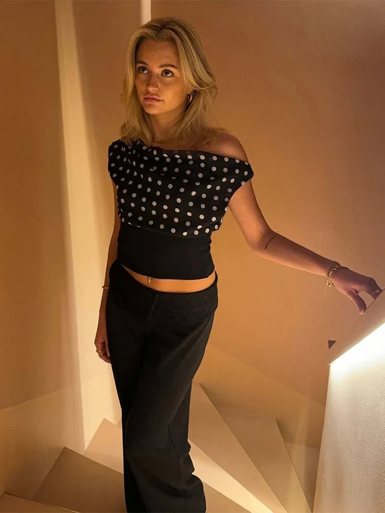 Women's Polka Dot Skew Collar Off-Shoulder Backless Ruched Crop Top