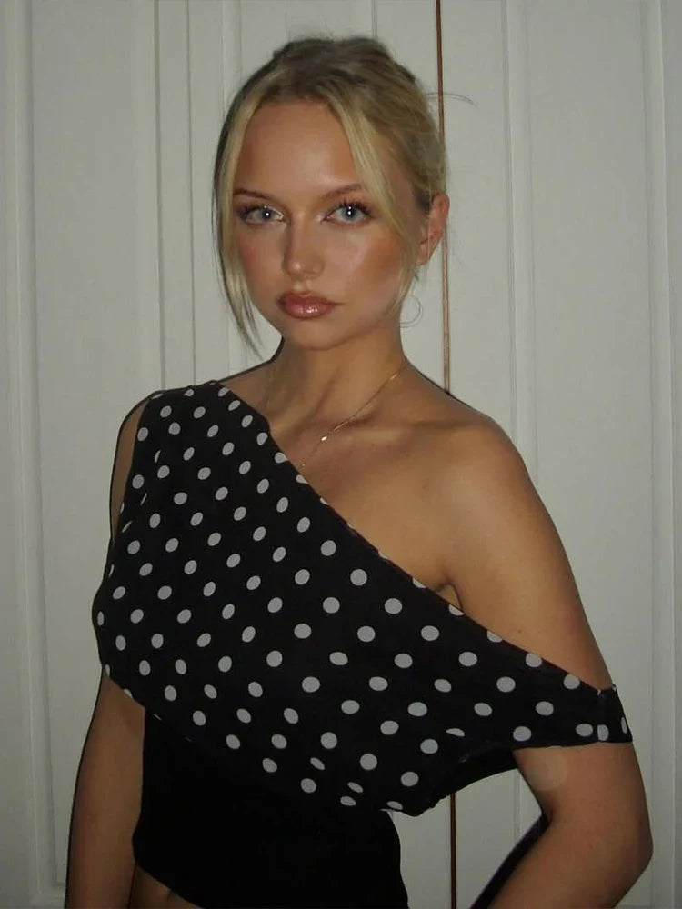 Women's Polka Dot Skew Collar Off-Shoulder Backless Ruched Crop Top